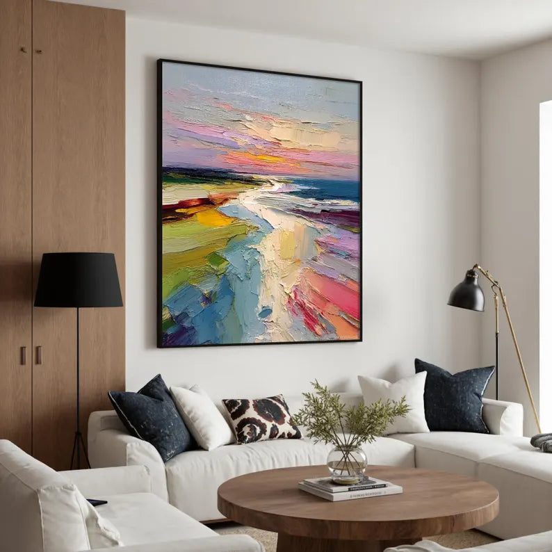 Colorful Abstract Coastal Landscape Wall Art – Modern Palette Knife Oil Painting Decor