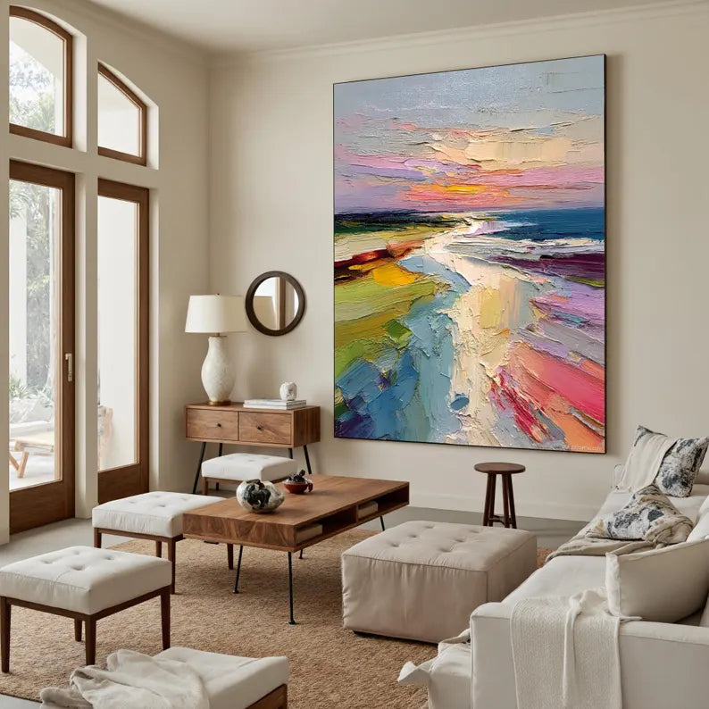 Colorful Abstract Coastal Landscape Wall Art – Modern Palette Knife Oil Painting Decor