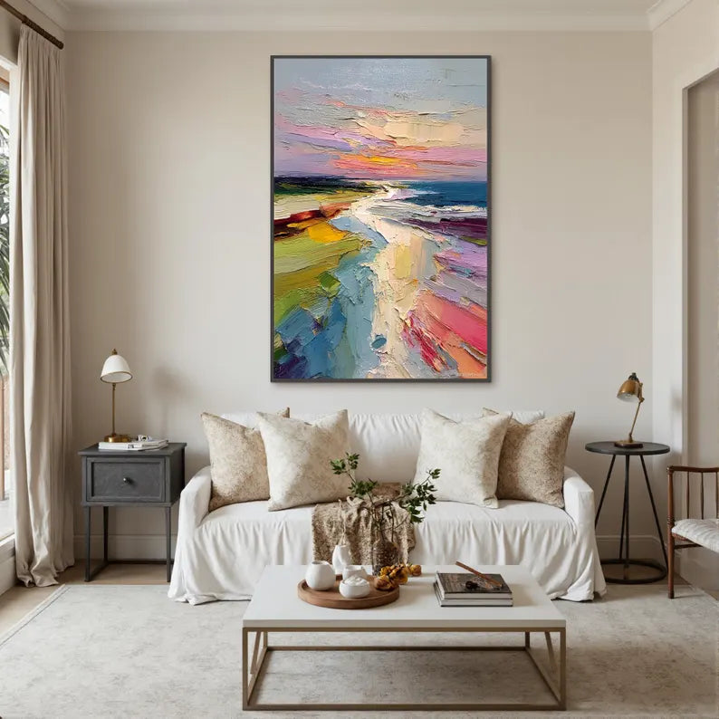 Colorful Abstract Coastal Landscape Wall Art – Modern Palette Knife Oil Painting Decor