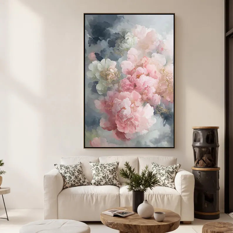 Large Pink Peony Floral Wall Art – Elegant Botanical Canvas Painting for Living Room