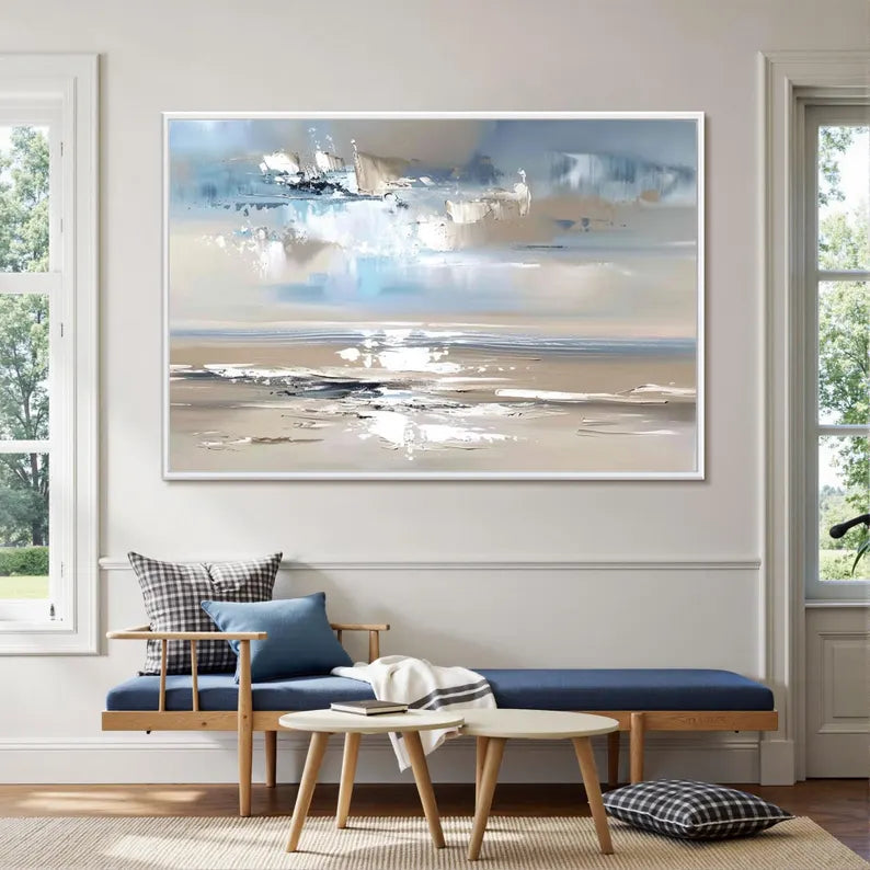 Abstract Coastal Seascape Wall Art – Modern Ocean Landscape Painting for Living Room Decor