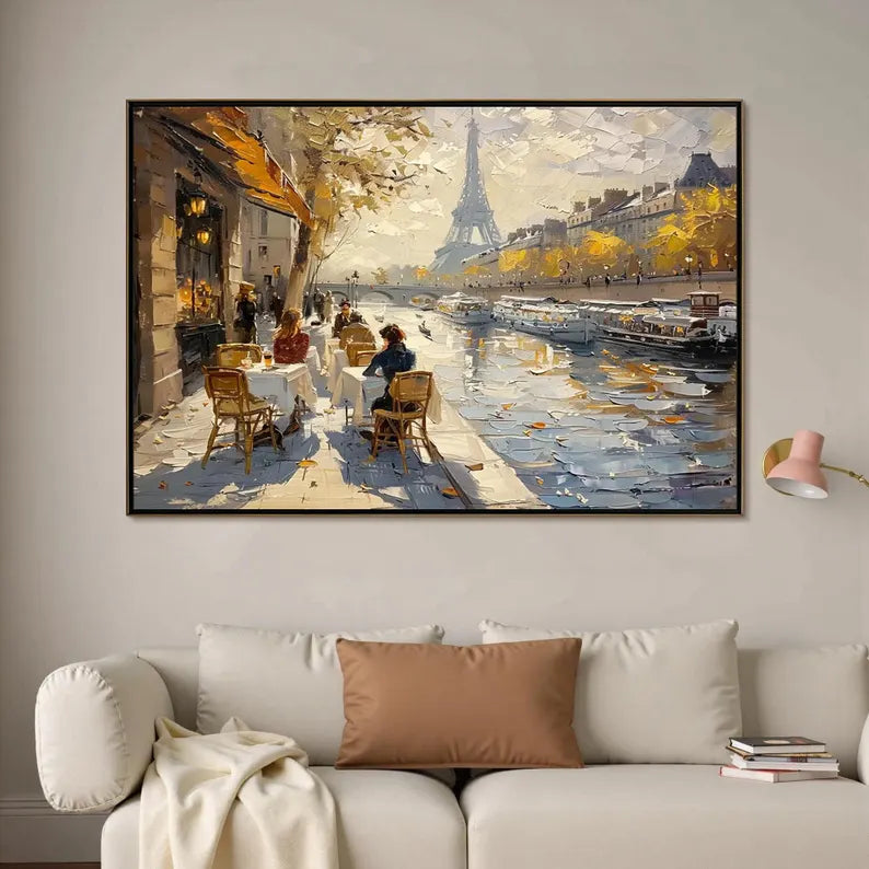 Paris Eiffel Tower Street Scene Wall Art – Impressionist Seine Riverside Cafe Canvas Painting for Living Room Decor