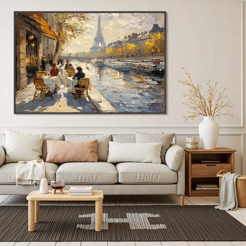 Paris Eiffel Tower Street Scene Wall Art – Impressionist Seine Riverside Cafe Canvas Painting for Living Room Decor