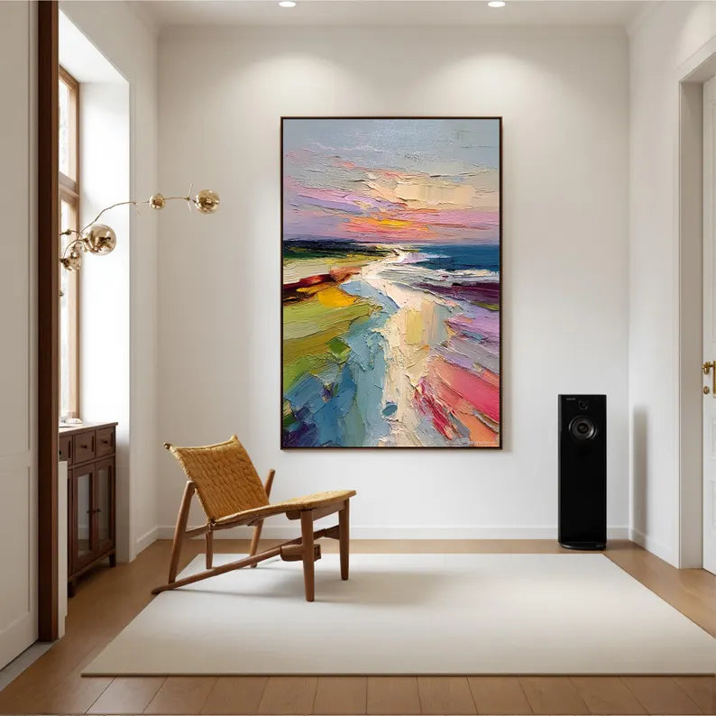 Colorful Abstract Coastal Landscape Wall Art – Modern Palette Knife Oil Painting Decor