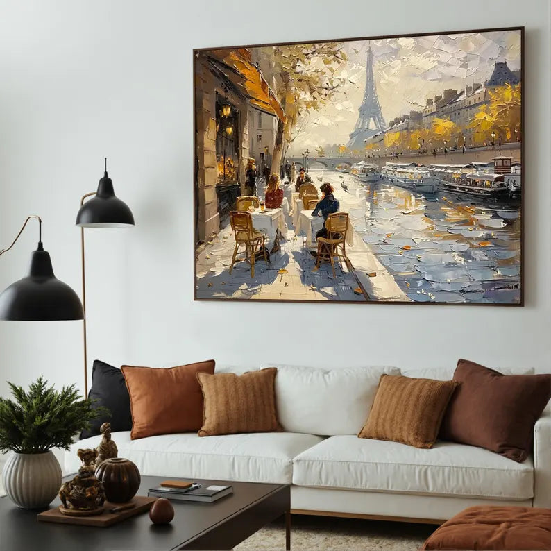 Paris Eiffel Tower Street Scene Wall Art – Impressionist Seine Riverside Cafe Canvas Painting for Living Room Decor