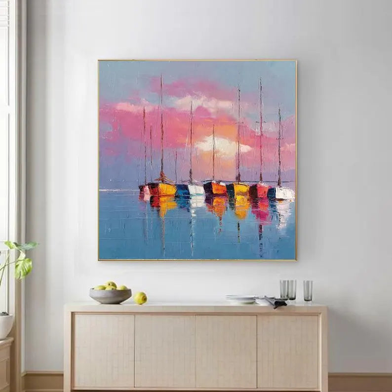 Colorful Sunset Sailboat Wall Art – Modern Coastal Seascape Canvas Painting for Living Room Decor