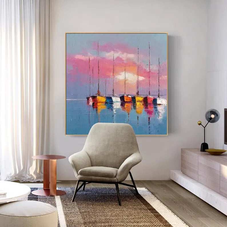 Colorful Sunset Sailboat Wall Art – Modern Coastal Seascape Canvas Painting for Living Room Decor