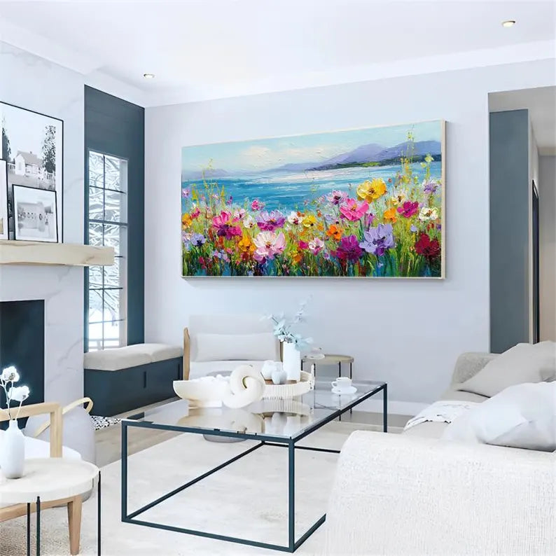 Colorful Wildflower Coastal Landscape Wall Art – Textured Palette Knife Oil Painting for Bedroom Decor