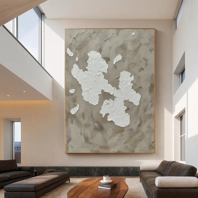 Neutral Textured Abstract Wall Art – Minimalist Beige Plaster Canvas Painting for Modern Luxury Living Room Decor