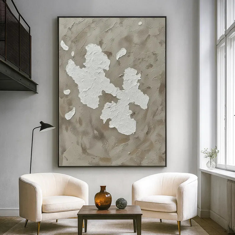 Neutral Textured Abstract Wall Art – Minimalist Beige Plaster Canvas Painting for Modern Luxury Living Room Decor