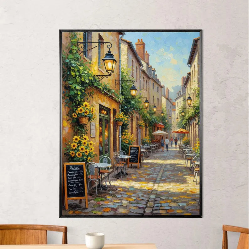 Charming European Cafe Street Wall Art – Colorful Parisian Alley Canvas Painting for Living Room Decor