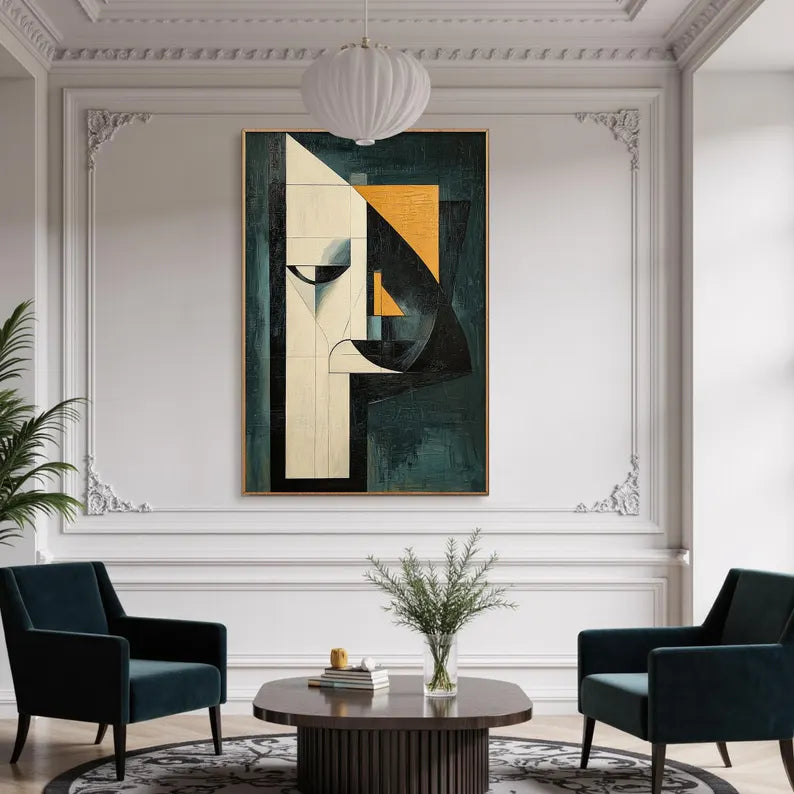 Large Geometric Abstract Face Wall Art – Modern Mid-Century Style Canvas Painting for Living Room Decor