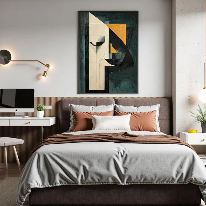Large Geometric Abstract Face Wall Art – Modern Mid-Century Style Canvas Painting for Living Room Decor