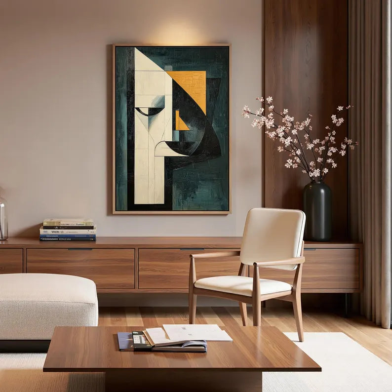 Large Geometric Abstract Face Wall Art – Modern Mid-Century Style Canvas Painting for Living Room Decor