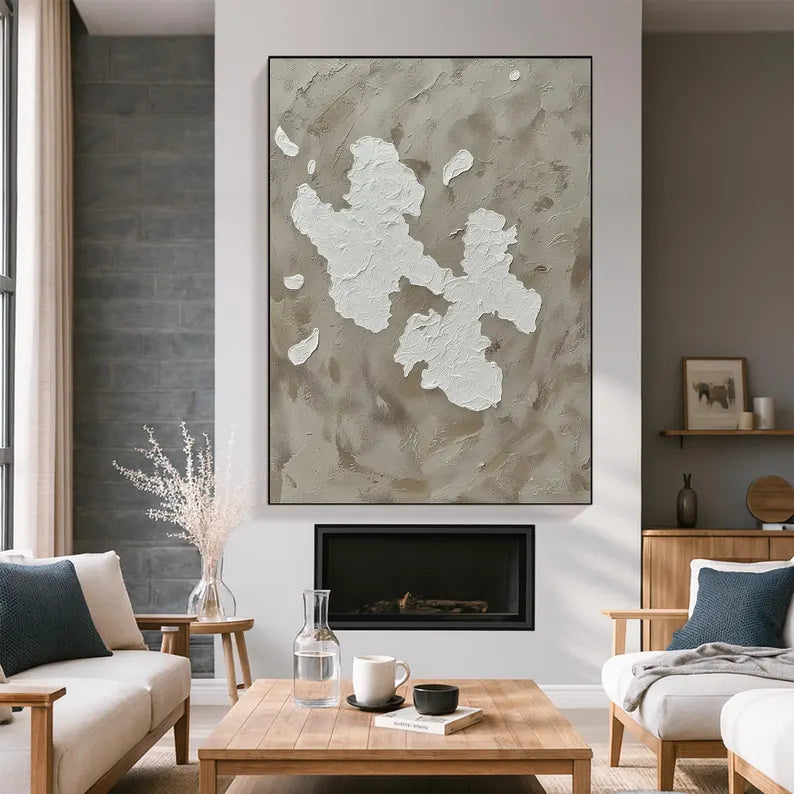 Neutral Textured Abstract Wall Art – Minimalist Beige Plaster Canvas Painting for Modern Luxury Living Room Decor