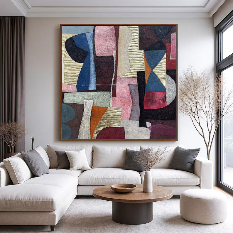 Large Mid-Century Abstract Geometric Wall Art – Modern Color Block Canvas Painting for Living Room Decor