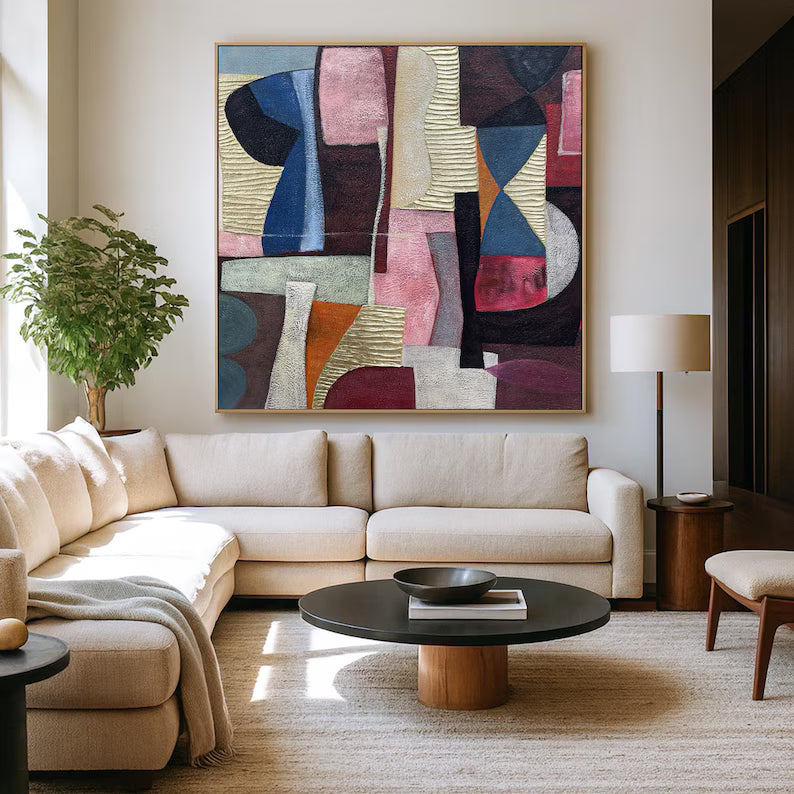 Large Mid-Century Abstract Geometric Wall Art – Modern Color Block Canvas Painting for Living Room Decor