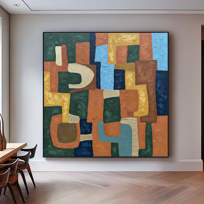 Mid-Century Geometric Abstract Wall Art – Colorful Textured Modern Canvas Painting for Living Room Decor
