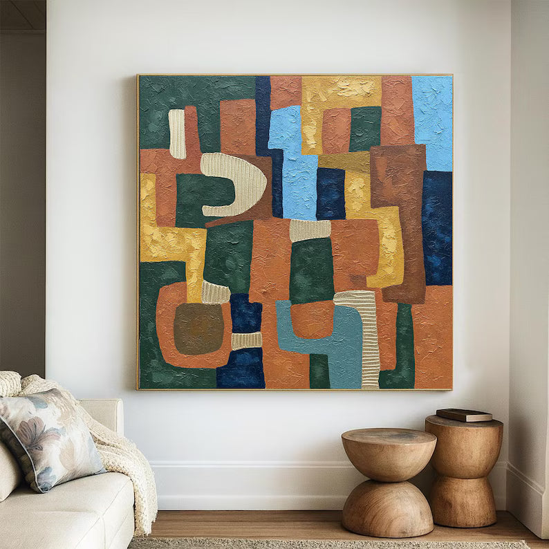 Mid-Century Geometric Abstract Wall Art – Colorful Textured Modern Canvas Painting for Living Room Decor