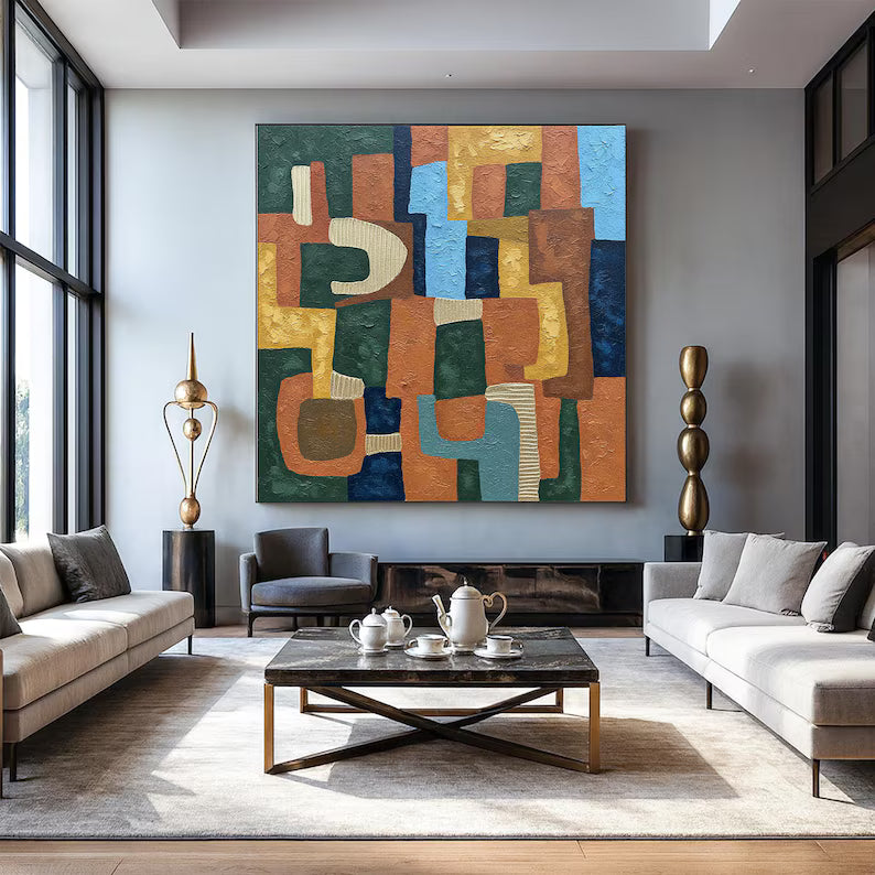 Mid-Century Geometric Abstract Wall Art – Colorful Textured Modern Canvas Painting for Living Room Decor
