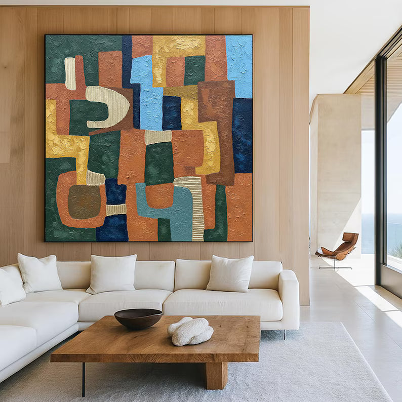 Mid-Century Geometric Abstract Wall Art – Colorful Textured Modern Canvas Painting for Living Room Decor