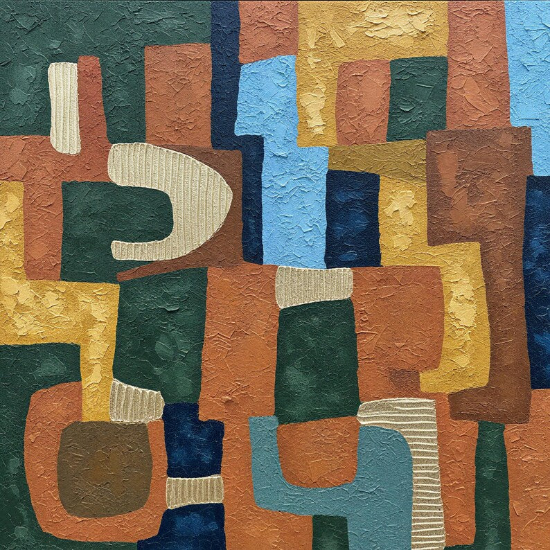 Mid-Century Geometric Abstract Wall Art – Colorful Textured Modern Canvas Painting for Living Room Decor