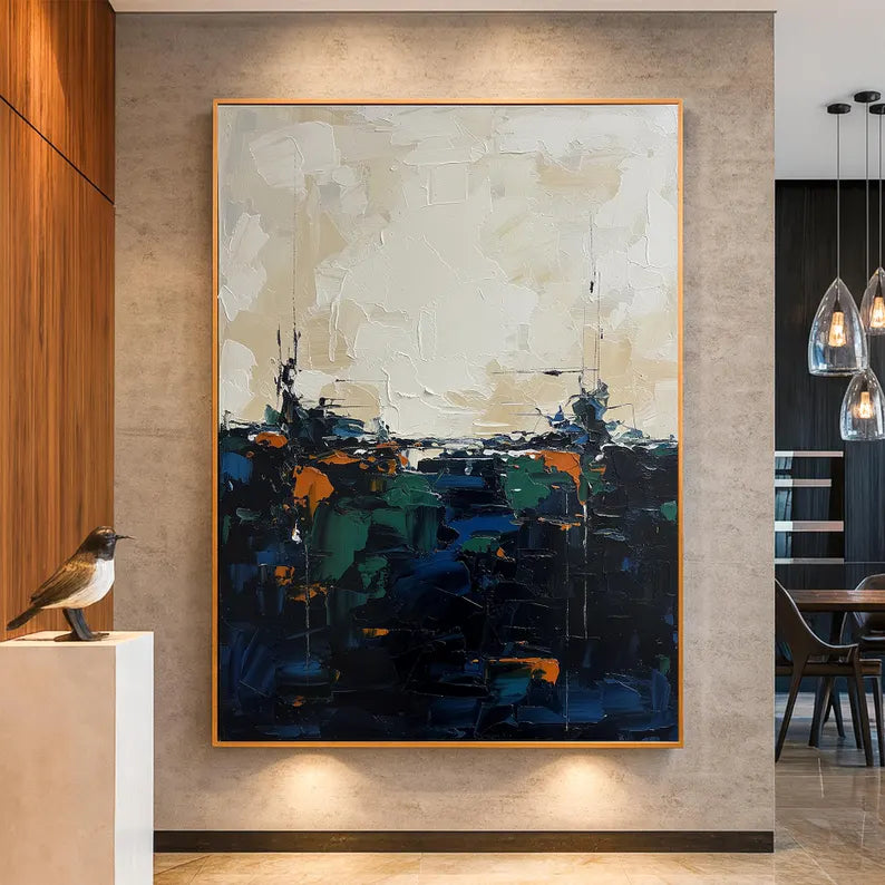 Large Dark Abstract Landscape Wall Art – Modern Blue and Neutral Canvas Painting for Living Room Decor