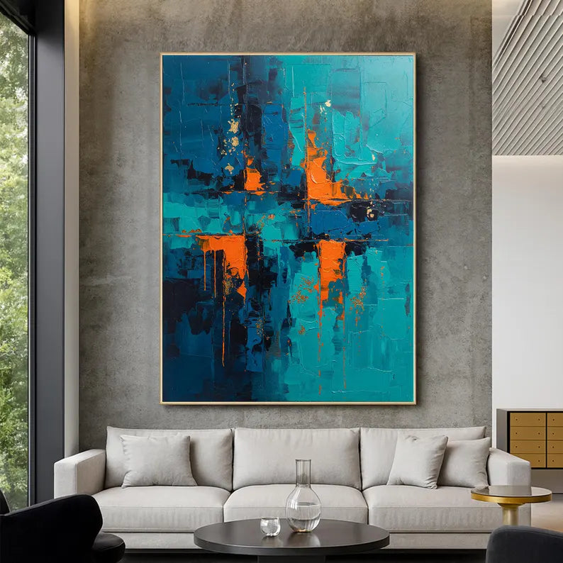 Blue and Orange Abstract Wall Art – Modern Textured Geometric Canvas Painting for Contemporary Living Room Decor