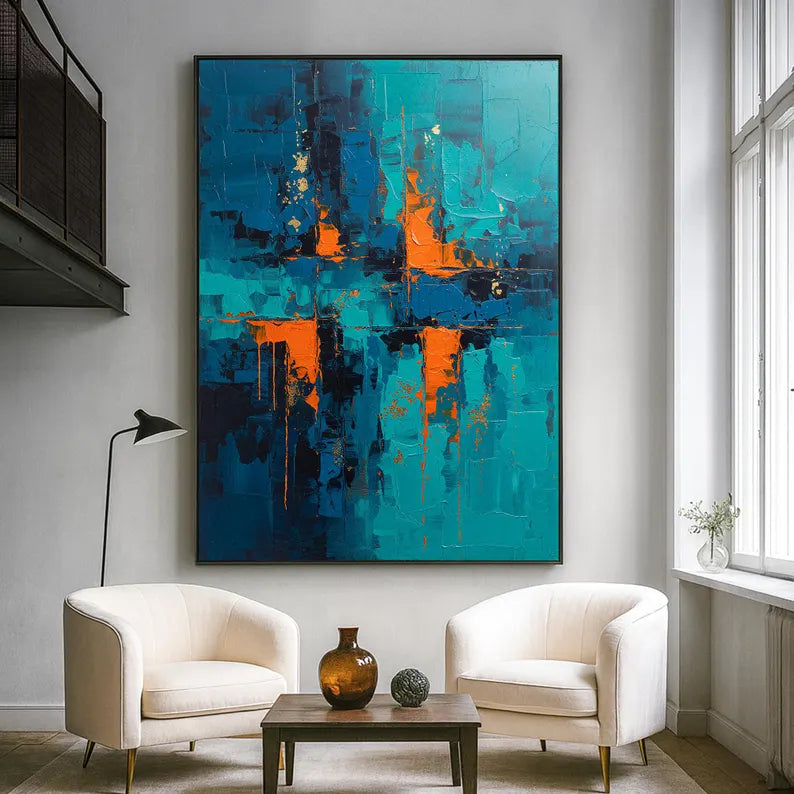 Blue and Orange Abstract Wall Art – Modern Textured Geometric Canvas Painting for Contemporary Living Room Decor