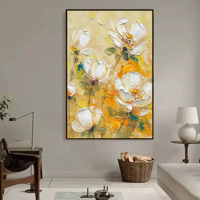 Large Yellow Floral Wall Art – Modern White Flower Canvas Painting for Living Room