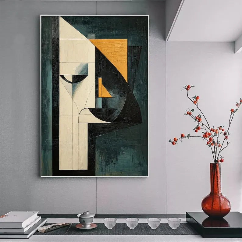 Large Geometric Abstract Face Wall Art – Modern Mid-Century Style Canvas Painting for Living Room Decor