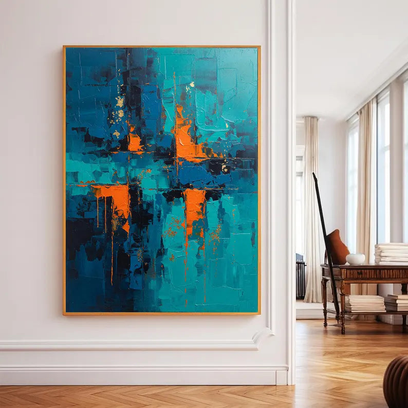 Blue and Orange Abstract Wall Art – Modern Textured Geometric Canvas Painting for Contemporary Living Room Decor