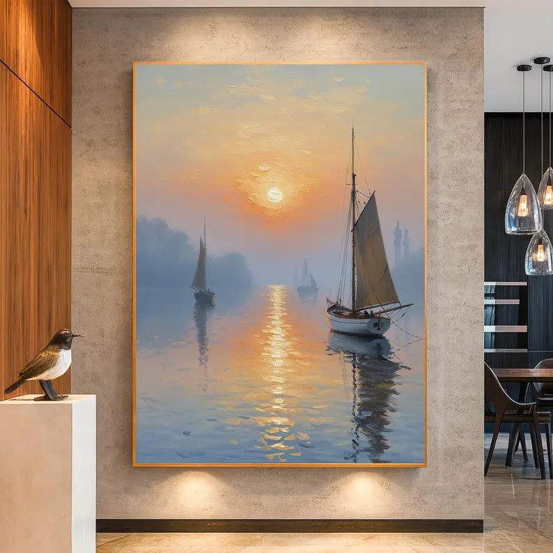 Sunset Sailboat Seascape Oil Painting – Serene Harbor Landscape Canvas Wall Art for Modern Coastal Home Decor
