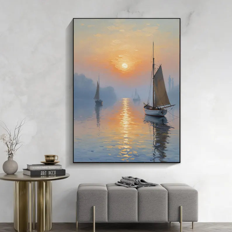 Sunset Sailboat Seascape Oil Painting – Serene Harbor Landscape Canvas Wall Art for Modern Coastal Home Decor