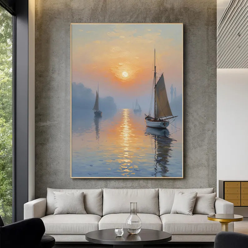 Sunset Sailboat Seascape Oil Painting – Serene Harbor Landscape Canvas Wall Art for Modern Coastal Home Decor