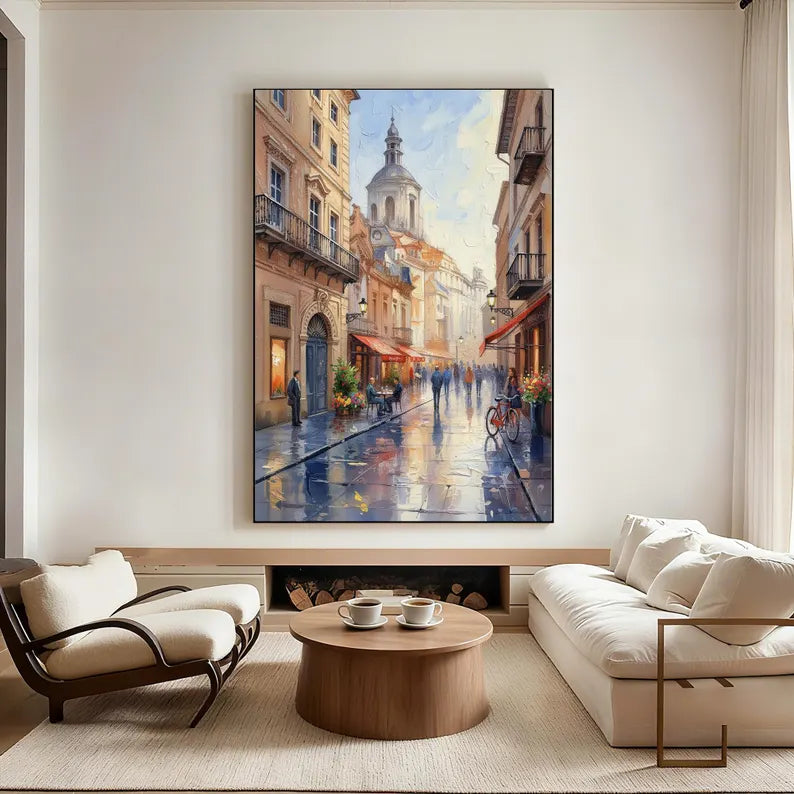 European Old Town Street Scene Wall Art – Impressionist Cityscape Canvas Painting for Living Room Decor