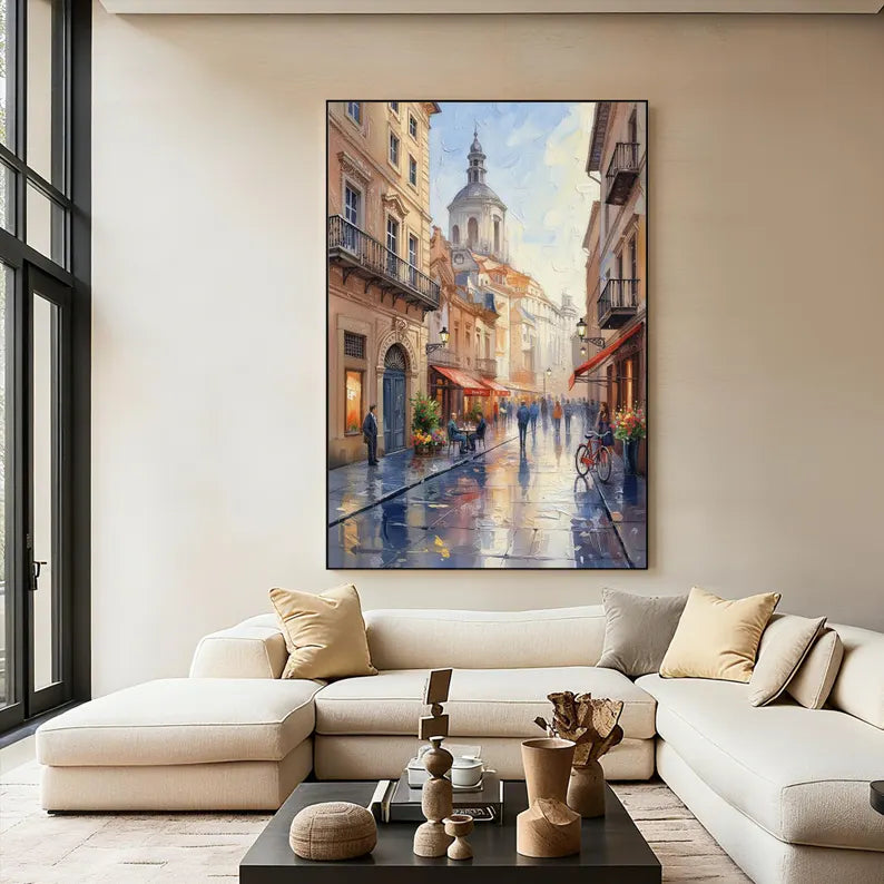European Old Town Street Scene Wall Art – Impressionist Cityscape Canvas Painting for Living Room Decor