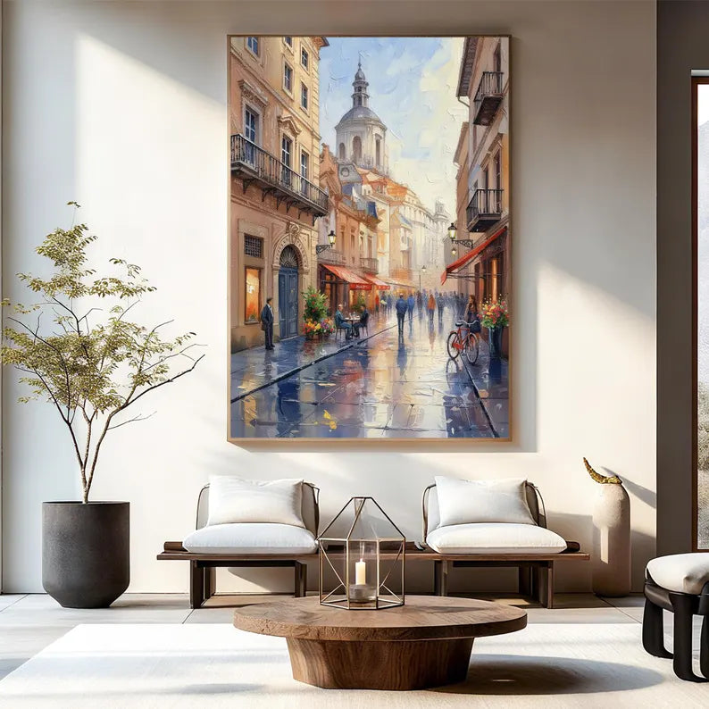 European Old Town Street Scene Wall Art – Impressionist Cityscape Canvas Painting for Living Room Decor