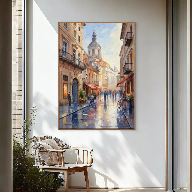 European Old Town Street Scene Wall Art – Impressionist Cityscape Canvas Painting for Living Room Decor