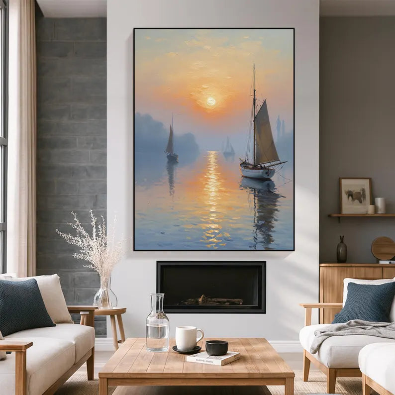 Sunset Sailboat Seascape Oil Painting – Serene Harbor Landscape Canvas Wall Art for Modern Coastal Home Decor