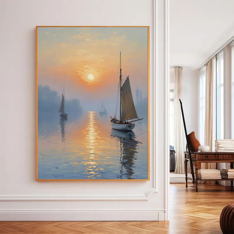 Sunset Sailboat Seascape Oil Painting – Serene Harbor Landscape Canvas Wall Art for Modern Coastal Home Decor