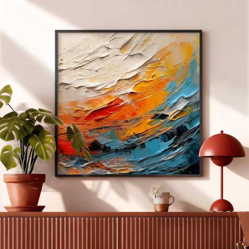 Colorful Abstract Ocean Wave Wall Art – Modern Textured Coastal Canvas Painting for Living Room Decor