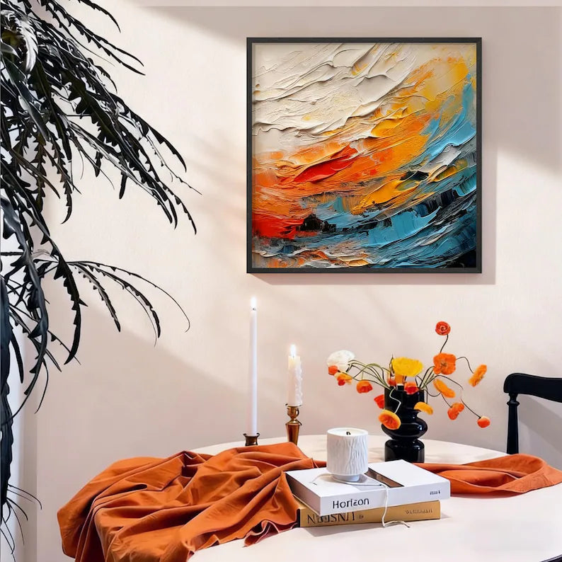 Colorful Abstract Ocean Wave Wall Art – Modern Textured Coastal Canvas Painting for Living Room Decor