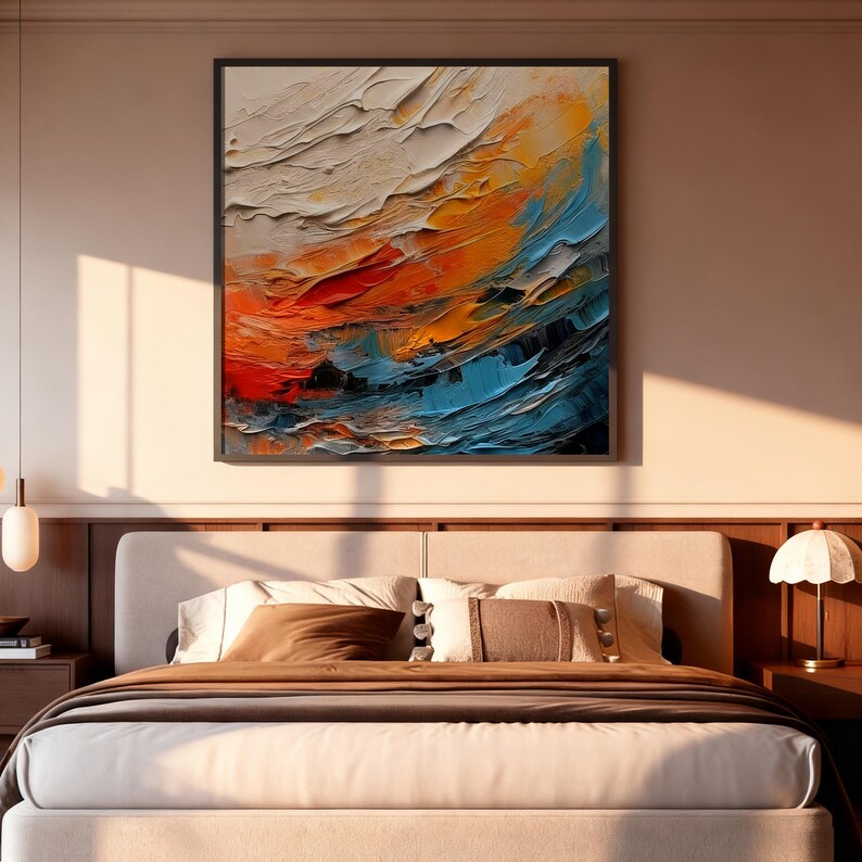 Colorful Abstract Ocean Wave Wall Art – Modern Textured Coastal Canvas Painting for Living Room Decor