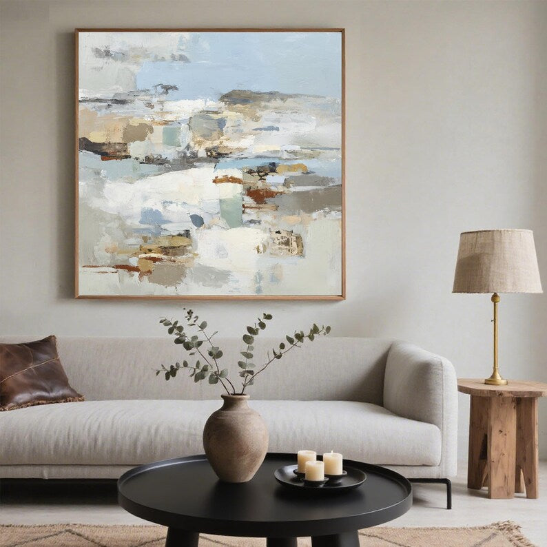 Large Neutral Abstract Landscape Wall Art – Modern Beige and Blue Canvas Painting for Living Room Decor