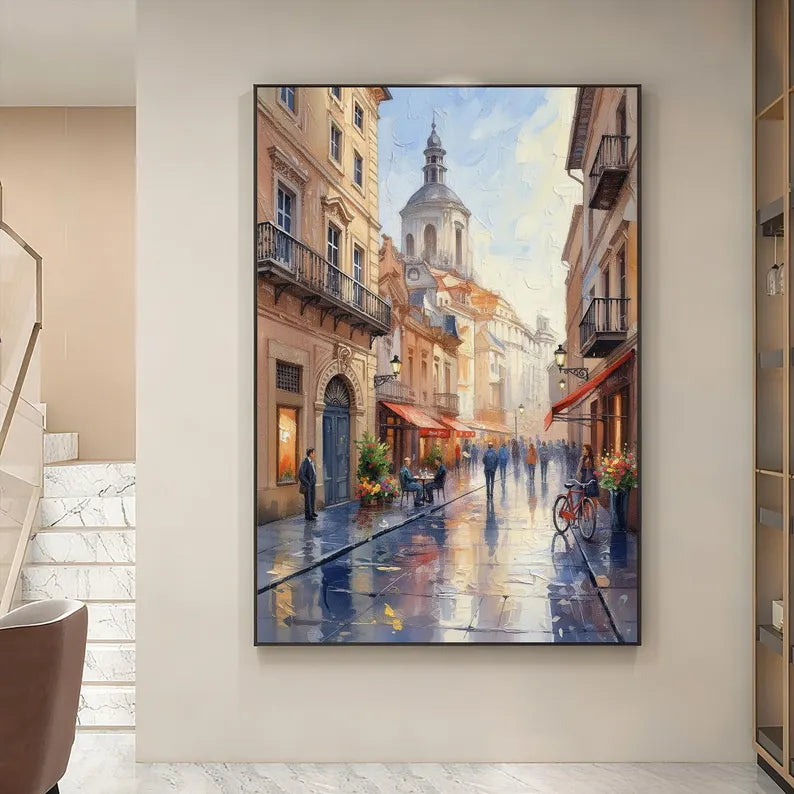 European Old Town Street Scene Wall Art – Impressionist Cityscape Canvas Painting for Living Room Decor
