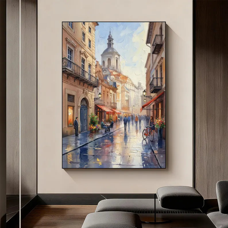 European Old Town Street Scene Wall Art – Impressionist Cityscape Canvas Painting for Living Room Decor