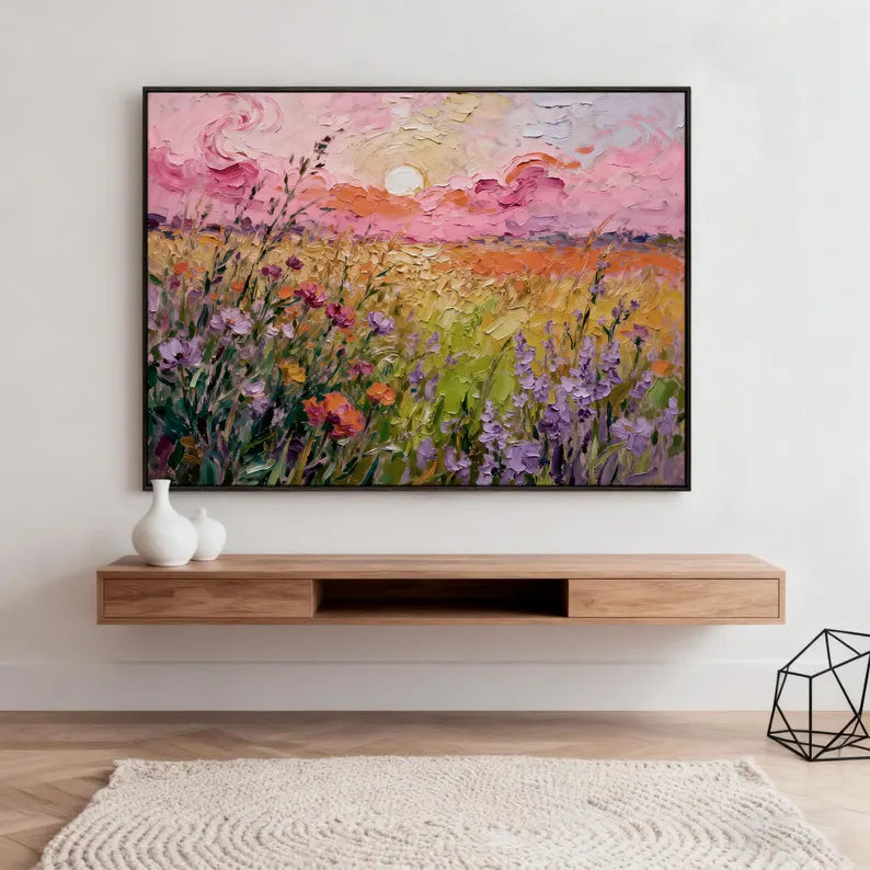 Large Wildflower Sunset Landscape Wall Art – Colorful Floral Field Oil Painting Canvas