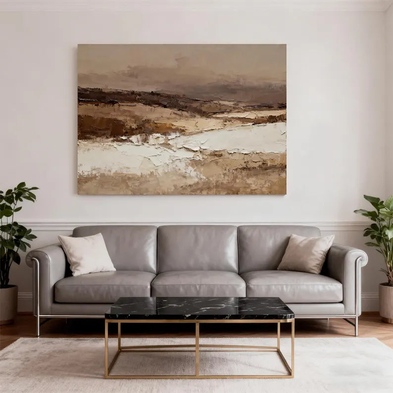 Neutral Abstract Landscape Wall Art – Modern Earth Tone Textured Canvas Painting for Living Room Decor