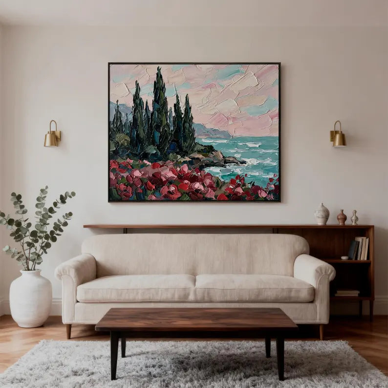 Coastal Flower Landscape Wall Art – Colorful Seaside Nature Canvas Painting for Living Room Decor